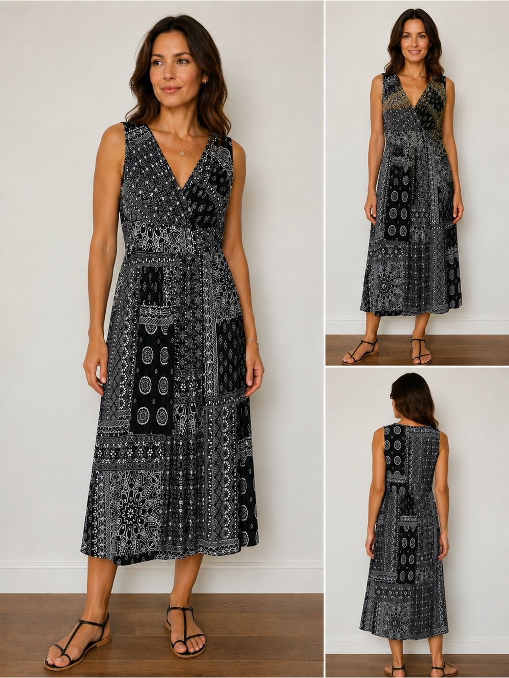 Chaps Empire Waist Maxi Dress V-Neck Batik Black Sleeveless Sz 1X See Notes